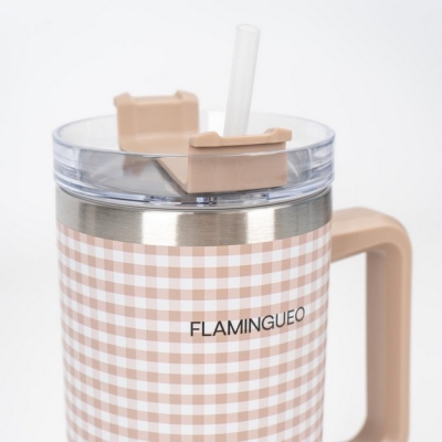 Μπέζ Gingham Καρό Μπουκάλι Θερμός 1.18L από ανοξείδωτο ατσάλι - Flamingueo