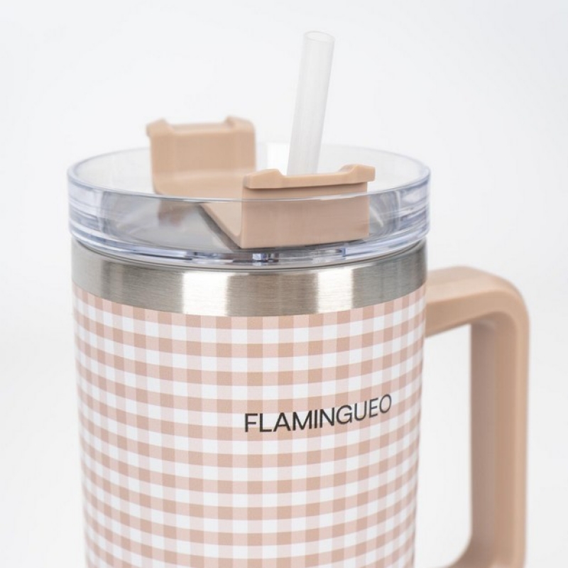 Μπέζ Gingham Καρό Μπουκάλι Θερμός 1.18L από ανοξείδωτο ατσάλι - Flamingueo