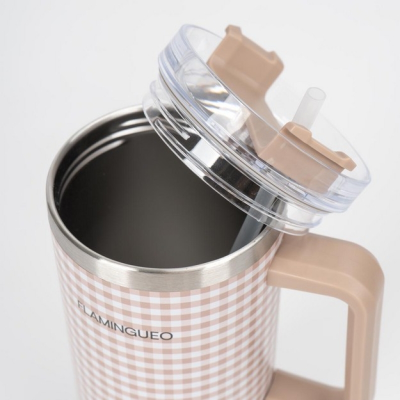 Μπέζ Gingham Καρό Μπουκάλι Θερμός 1.18L από ανοξείδωτο ατσάλι - Flamingueo