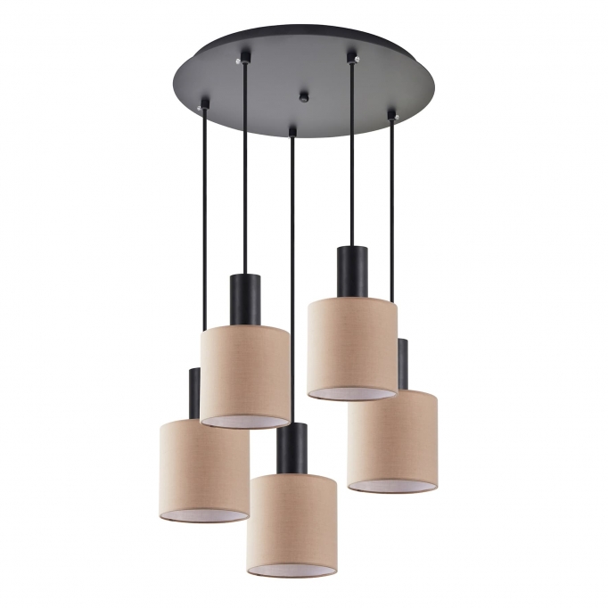 SE21-BL-4-5BL-SH3 ADEPT TUBE Black Pendant Brown Fabric Shade+