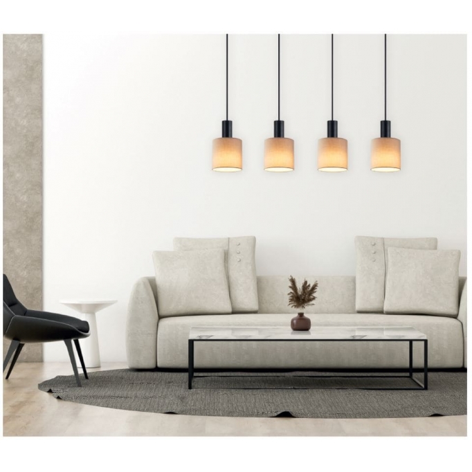 SE21-BL-4-4BL-SH3 ADEPT TUBE Black Pendant Brown Fabric Shade+