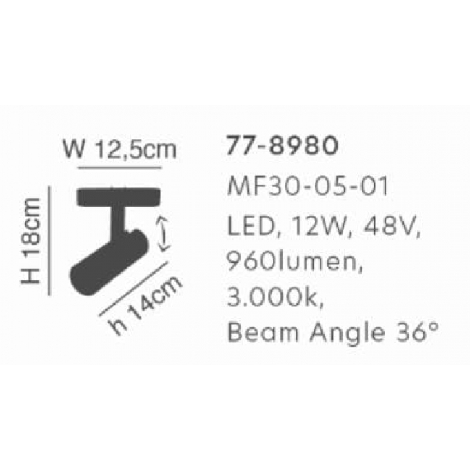 MF30-05-01 MAGNETIC FLEX 48V Spotlight 12W  960Lm 3000K  Beam Angle 36°  Lightings Surface Moun