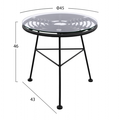 ΤΡΑΠΕΖΙ ΜΕΤΑΛΛΙΚΟ ALLEGRA ΜΕ WICKER ΣΕ ΜΑΥΡΗ ΑΠΟΧΡΩΣΗ ΚΑΙ ΓΥΑΛΙ HM5459.02  Φ45x46εκ