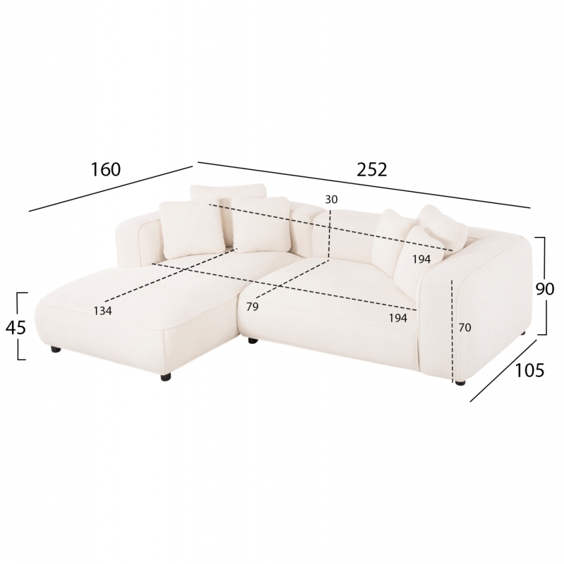ΚΑΝΑΠΕΣ ΓΩΝΙΑ (ΑΡΙΣΤΕΡΗ) 3-ΘΕΣΙΟΣ GRACE HM3280.02L ΛΕΥΚΟ ΥΦΑΣΜΑ 252x160x70-90Υεκ