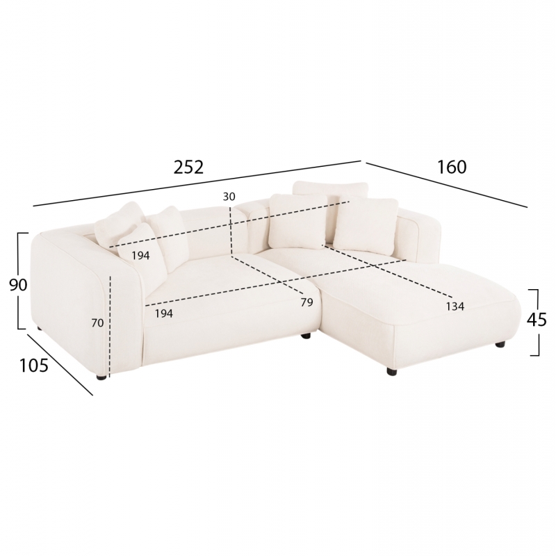 ΚΑΝΑΠΕΣ ΓΩΝΙΑ (ΔΕΞΙΑ) 3-ΘΕΣΙΟΣ GRACE HM3280.02R ΛΕΥΚΟ ΥΦΑΣΜΑ 252x160x70-90Υεκ