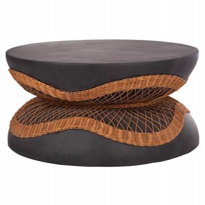 ΤΡΑΠΕΖΙ ΣΑΛΟΝΙΟΥ ΣΤΡΟΓΓΥΛΟ ANNA HM18157.01 FIBER CEMENT ΣΕ ΜΑΥΡΟ-ΦΥΣΙΚΟ RATTAN--Φ92x44.5Υεκ.