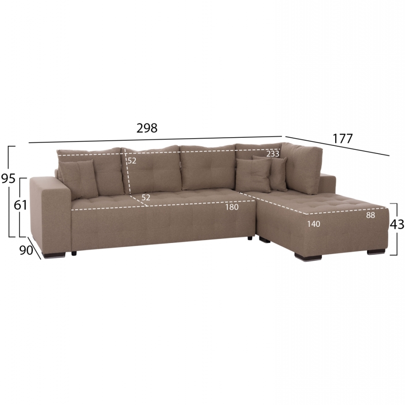 ΓΩΝΙΑΚΟΣ ΚΑΝΑΠΕΣ-ΚΡΕΒΑΤΙ ΜΕ ΑΠΟΘ.ΧΩΡΟ TRENDSTON HM3302.03R ΜΠΕΖ ΥΦΑΣΜΑ 298x177x95Υεκ