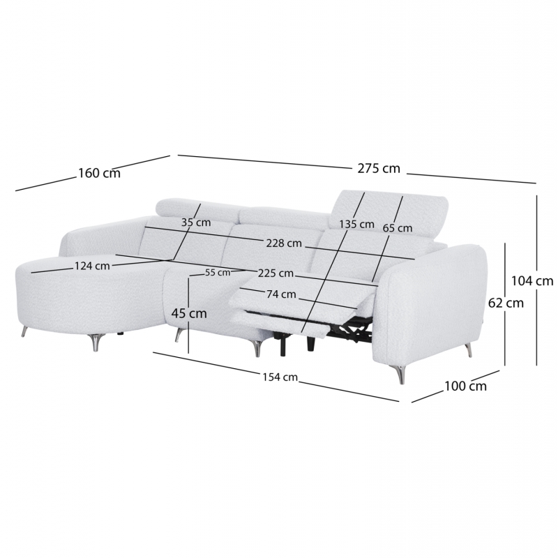 ΚΑΝΑΠΕΣ ΑΡΙΣΤΕΡΗ ΓΩΝΙΑ 3Θ ΜΕ RECLINE VALENTE HM3317.01L ΑΝΟΙΧΤΟ ΓΚΡΙ ΥΦΑΣΜΑ 275x160x104Yεκ