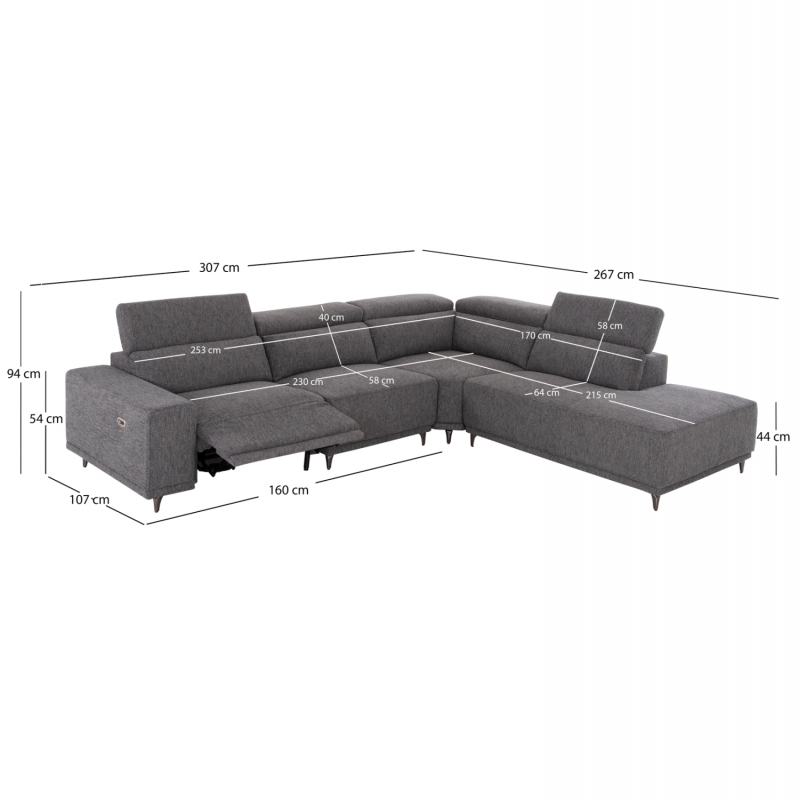ΚΑΝΑΠΕΣ ΔΕΞΙΑ ΓΩΝΙΑ 5Θ ΜΕ RECLINE LUNARIS HM3316.01R ΓΚΡΙ ΥΦΑΣΜΑ 307x267x94Yεκ