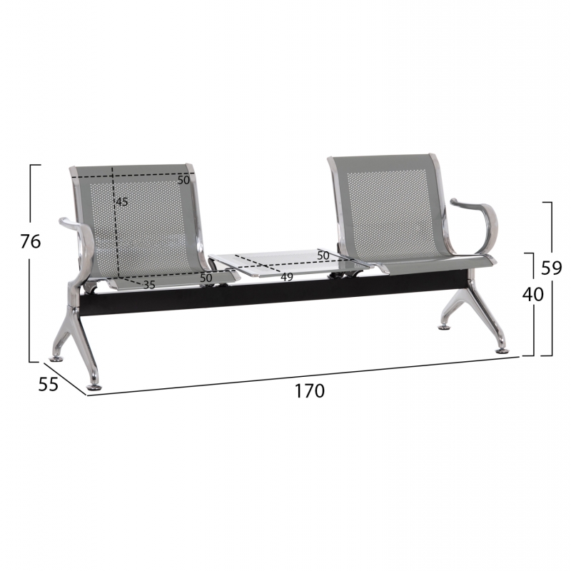 ΚΑΘΙΣΜΑ ΑΝΑΜΟΝΗΣ Τ.ΑΕΡΟΔΡΟΜΙΟΥ 2ΘΕΣΙΟ+ΤΡΑΠΕΖΙ AVIATOR HM18402 ΜΕΤΑΛΛΟ MESH ΓΚΡΙ 170x55x76Υεκ