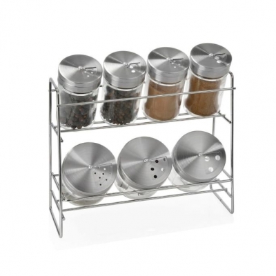 Andrea House - Βάση 2 Επιπέδων Με 7 Βαζάκια Μπαχαρικών Chrome Metal