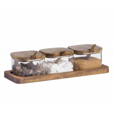 Andrea House - Σετ 3 Βάζα Για Καφέ/Ζάχαρη Glass Stripes Acacia