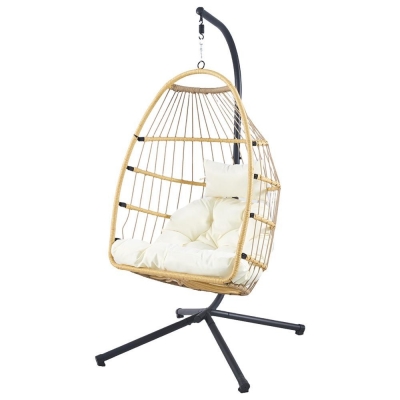 Κρεμαστή κούνια Nextdeco Wanda rattan με λευκά μαξιλάρια Υ110x85x62εκ.