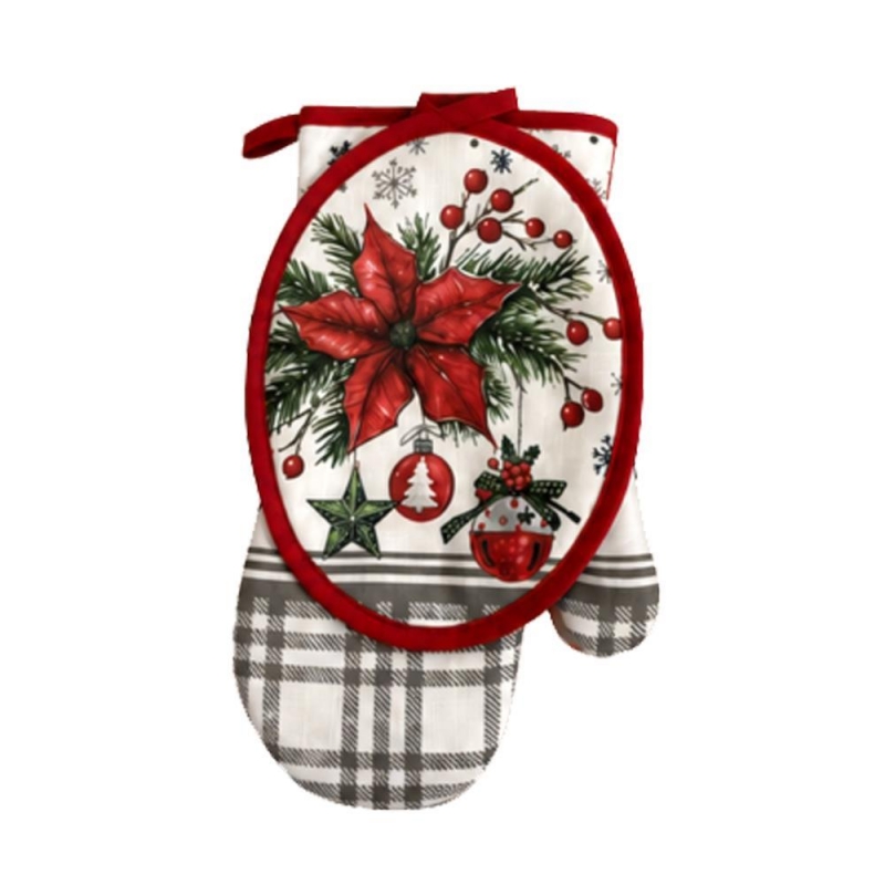 Σετ πιάστρα-γάντι φούρνου Seasonal  Αλεξανδρινή-Poinsettia 100% βαμβάκι