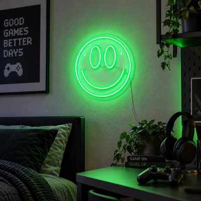Φωτιζόμενο διακοσμητικό LED Neon Smiley πράσινο 25x25εκ.