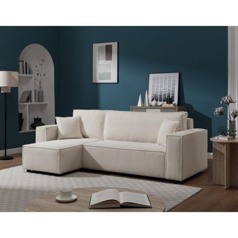 Καναπές - διπλό κρεβάτι Nextdeco γωνιακός με αποθηκευτικό χώρο μπεζ Υ82×240×92-142εκ