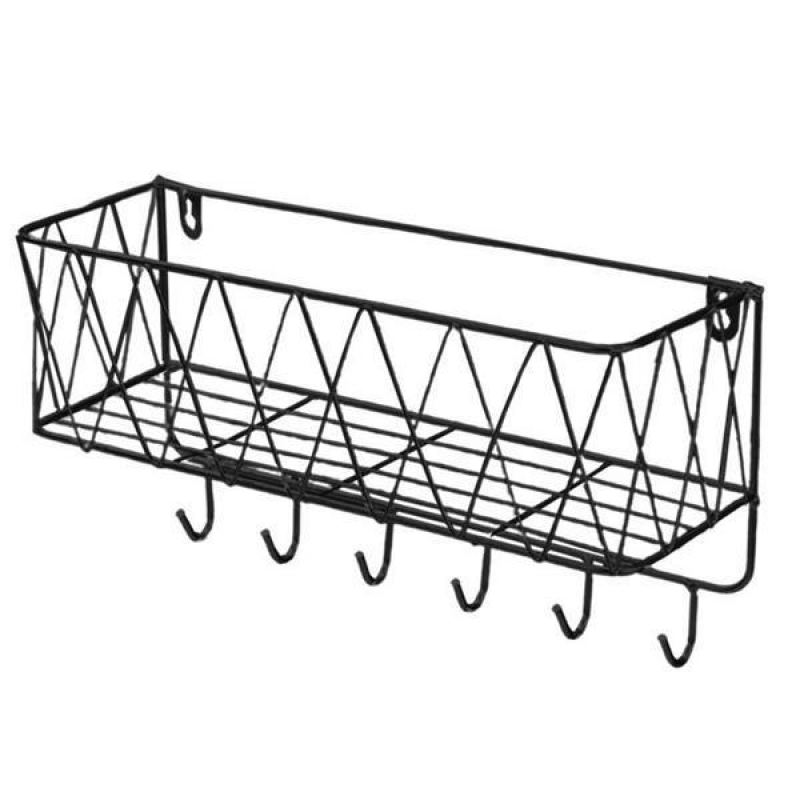 Επιτοίχια θήκη οργάνωσης με ράφι - 6 γάντζους μαύρη Υ19x34x12εκ.