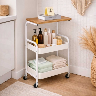 Τρόλεϊ- καλάθι Υ77x43x30εκ. μεταλλικό με ξύλινη επιφάνεια λευκό