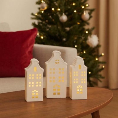 Σπιτάκι LED κεραμικό Υ23,5εκ στρόγγυλη στέγη