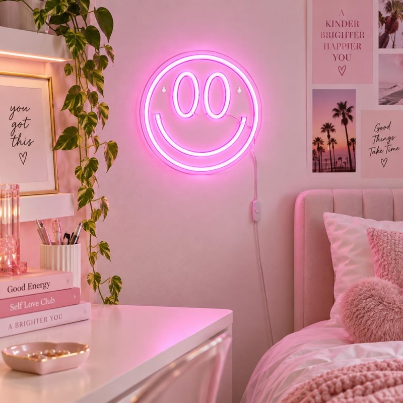 Φωτιζόμενο διακοσμητικό LED Neon Smiley ροζ 25x25εκ. Φωτιζόμενο διακοσμητικό LED Neon Smiley ροζ 25x25εκ.