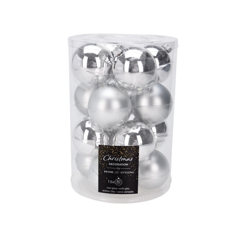Σετ 16 χριστουγεννιάτικες γυάλινες μπάλες ασημί Ø8εκ.