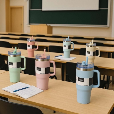 Θερμός ποτήρι 1200ml σομόν ανοξείδωτο με καλαμάκι