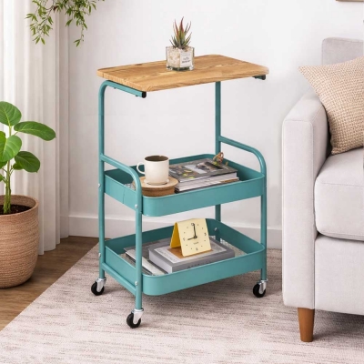 Τρόλεϊ- καλάθι Υ77x43x30εκ. μεταλλικό με ξύλινη επιφάνεια μπλε