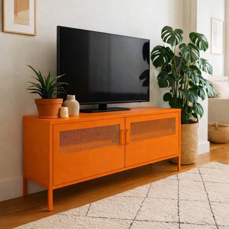 Έπιπλο τηλεόρασης μεταλλικό Nextdeco με ανοιγόμενες πόρτες πορτοκαλί Υ60x118x40εκ.