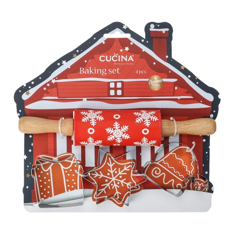 Χριστουγεννιάτικο σετ μαγειρικής με πλάστη και 3 κουπ πατ για μπισκότα 24x23x4,5εκ χιονισμένο σπίτι