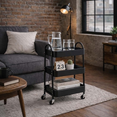 Τρόλεϊ- καλάθι Υ75x42,5x29,5εκ. με 3 θήκες αποθήκευσης μαύρο