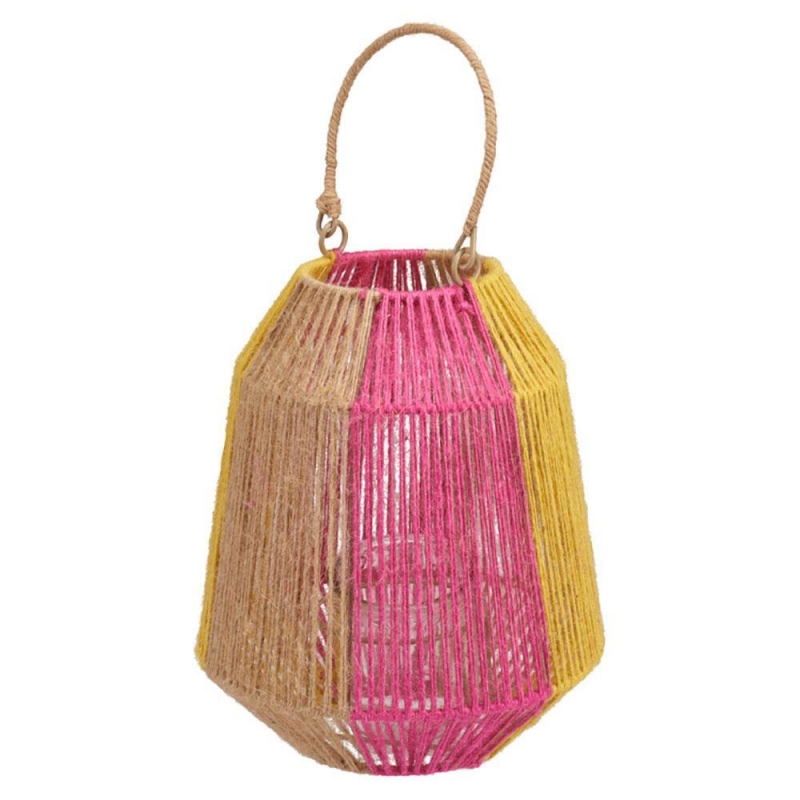 Φανάρι μεταλλικός σκελετό, γυαλί και γιούτα ροζ-κίτρινο 21×21×25εκ.