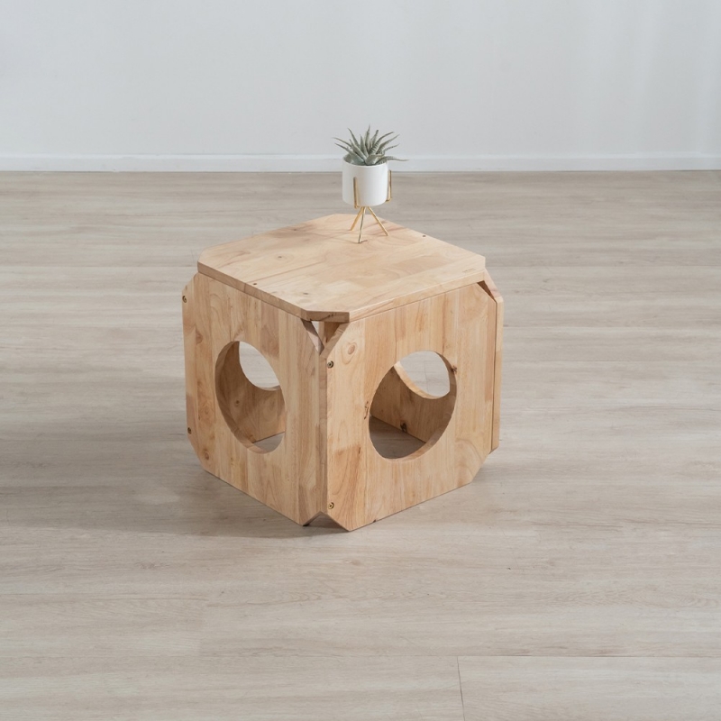 Σπιτάκι γάτας- σκαμπό Nextdeco Natural μασίφ ξύλο 40x40x40εκ.