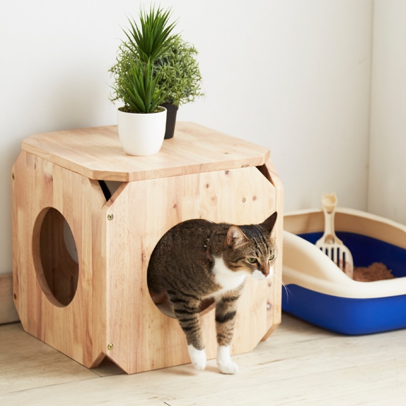 Σπιτάκι γάτας- σκαμπό Nextdeco Natural μασίφ ξύλο 40x40x40εκ.