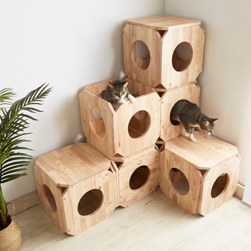 Σπιτάκι γάτας- σκαμπό Nextdeco Natural μασίφ ξύλο 40x40x40εκ.