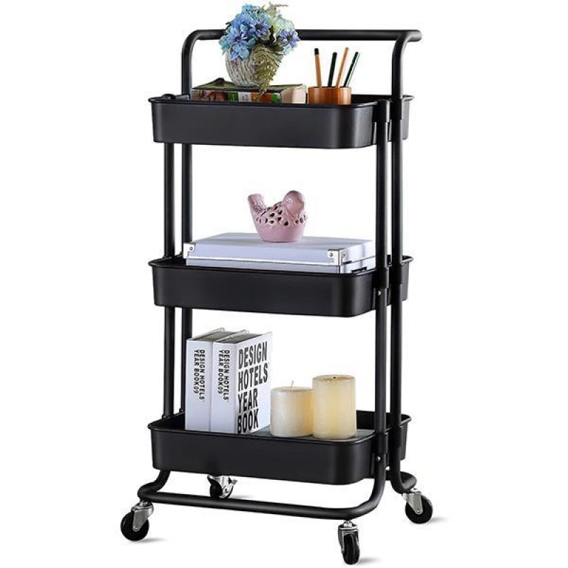 Τρόλεϊ- καλάθι, Υ87x45x37 εκ., με 3 θήκες αποθήκευσης, μαύρο Τρόλεϊ- καλάθι, Υ87x45x37 εκ., με 3 θήκες αποθήκευσης, μαύρο