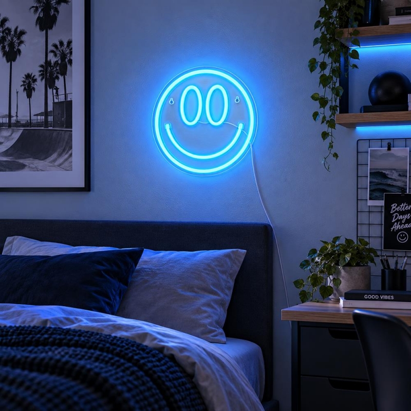 Φωτιζόμενο διακοσμητικό LED Neon Smiley μπλε 25x25εκ.