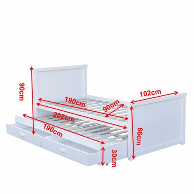 Κρεβάτι μονό Nextdeco Elliot (για στρώμα 90x190εκ.) με έξτρα συρόμενο κρεβάτι - αποθηκευτικό χώρο λευκό χρώμα Υ90x100x210εκ