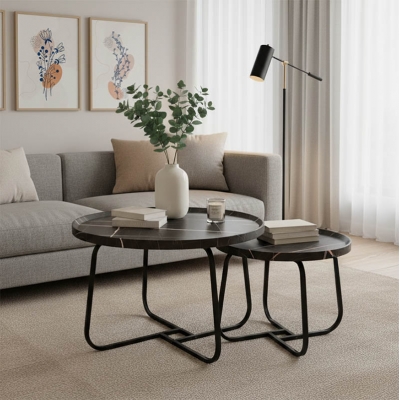 Tραπέζια σαλονιού Crismory pakoworld σετ 2τεμ MDF σε απόχρωση μαύρο μαρμάρου και μαύρα μεταλλικά πόδια