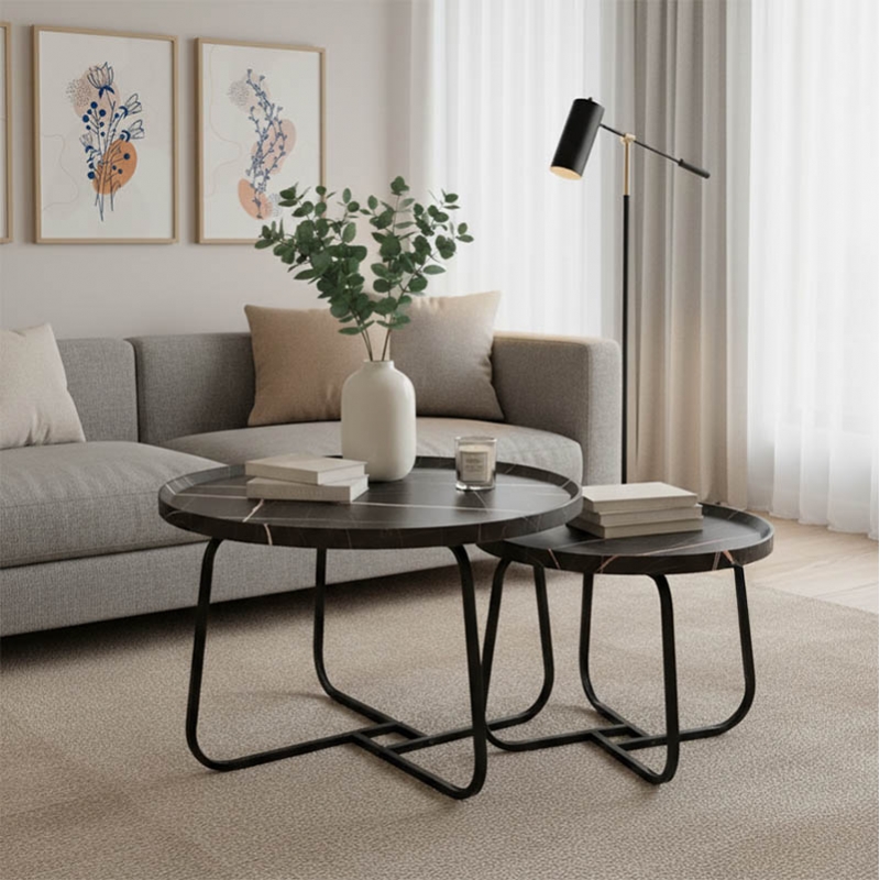 Tραπέζια σαλονιού Crismory pakoworld σετ 2τεμ MDF σε απόχρωση μαύρο μαρμάρου και μαύρα μεταλλικά πόδια