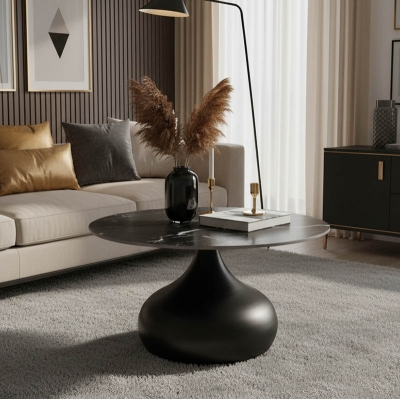 Τραπέζι σαλονιού Kirkene Inart sintered stone σε απόχρωση μαύρο μαρμάρου με μαύρο μέταλλο Φ70x40εκ