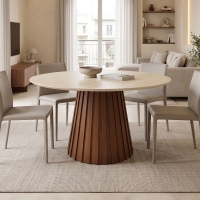 Τραπέζι Franzel pakoworld sintered stone σε όψη τραβερτίνας-mdf καρυδί Φ120x75εκ Τραπέζι Franzel pakoworld sintered stone σε όψη τραβερτίνας-mdf καρυδί Φ120x75εκ