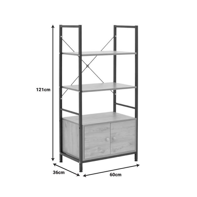 Ραφιέρα επιδαπέδια με ντουλάπι Kuili pakoworld μέταλλο μαύρο-mdf σε καρυδί απόχρωση 60x36x121εκ