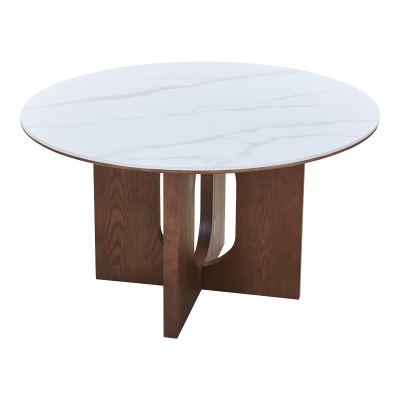 Τραπέζι Merge pakoworld sintered stone-mdf σε λευκό μαρμάρου με καρυδί βάση Φ130x75εκ