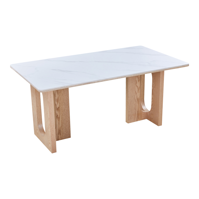 Τραπέζι Benqui pakoworld sintered stone-mdf σε λευκό μαρμάρου με βάση σε φυσική απόχρωση 160x90x75εκ