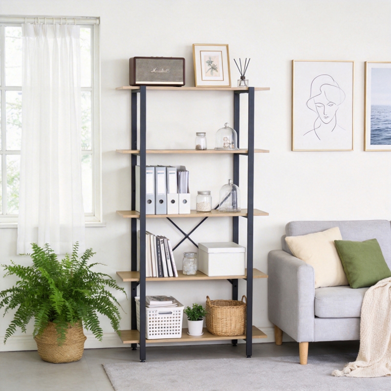 Βιβλιοθήκη Nebranzo pakoworld oak με μαύρο μέταλλο 80x34x155.3εκ Βιβλιοθήκη Nebranzo pakoworld oak με μαύρο μέταλλο 80x34x155.3εκ