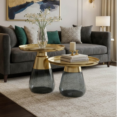 Τραπέζια σαλονιού Kunlo Inart σετ 2τεμ χρυσό χρώμιο-μαύρο γυαλί