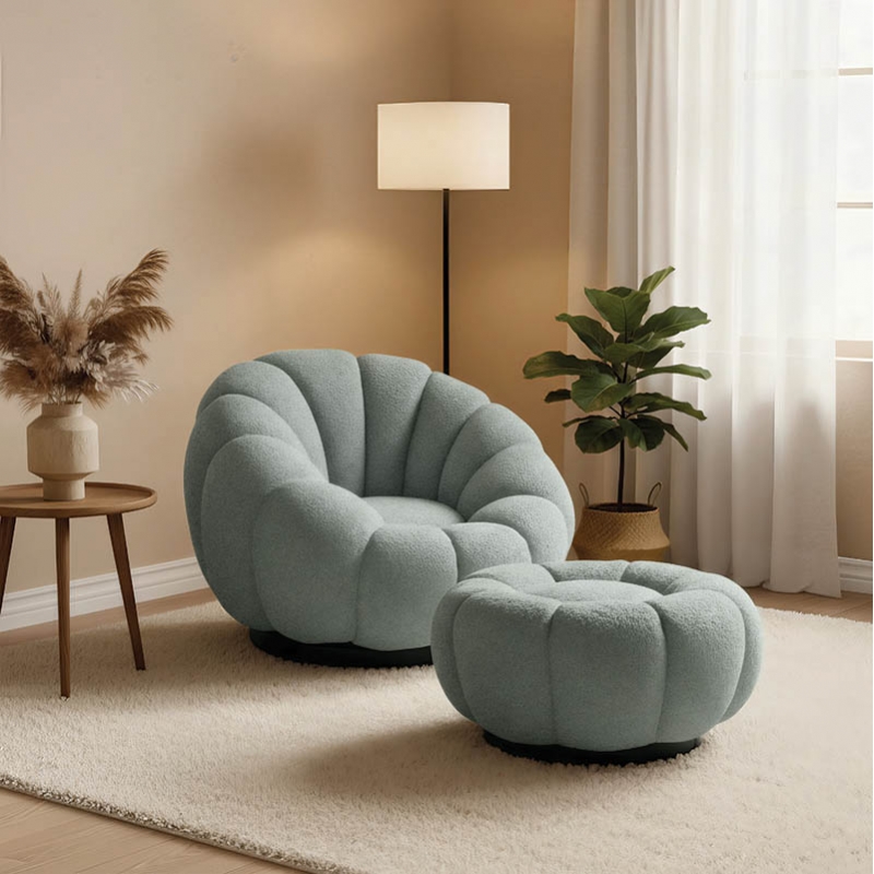 Πολυθρόνα περιστρεφόμενη με σκαμπό Nester pakoworld μπουκλέ ύφασμα σε φυστικί απόχρωση 98x97x69εκ