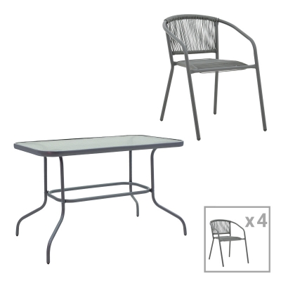 Τραπεζαρία Valor-Lindaria pakoworld σετ 5τεμ μέταλλο ανθρακί-γυαλί-pe rattan 110x60x70εκ