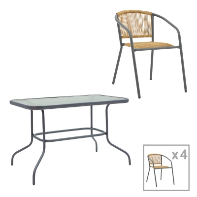 Τραπεζαρία Valor-Lindaria pakoworld σετ 5τεμ μέταλλο ανθρακί-γυαλί-pe rattan σε φυσική απόχρωση 110x60x70εκ