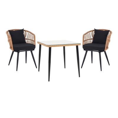 Τραπεζαρία Naoki σετ 3 τεμ pakoworld μέταλλο μαύρο-pe φυσικό-γυαλί 80x80x78εκ